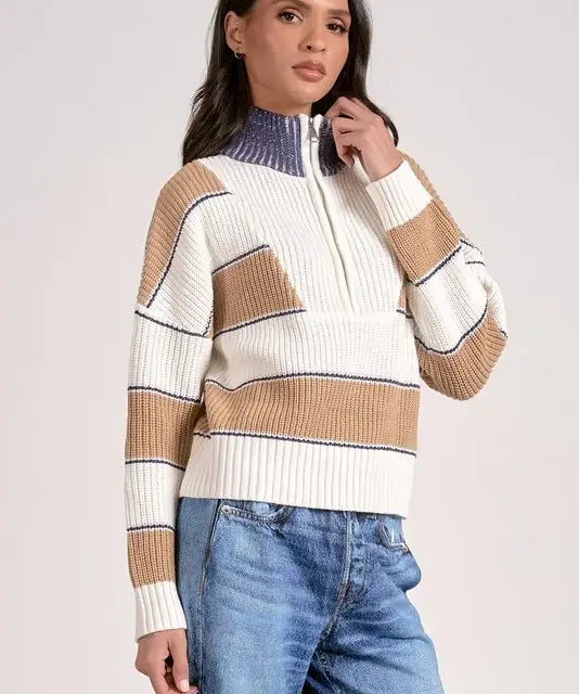 HALF ZIP CABLE STRIPE DETAIL SWEATER
