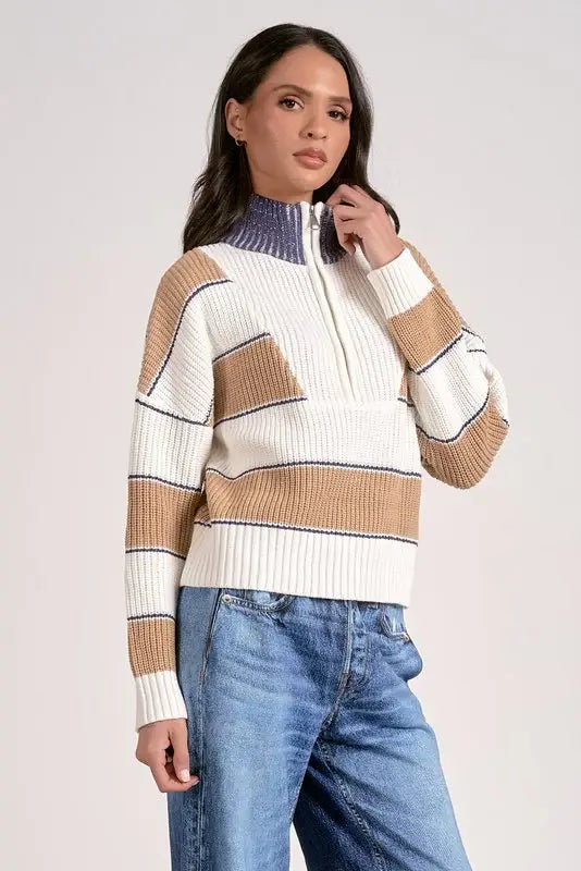 HALF ZIP CABLE STRIPE DETAIL SWEATER