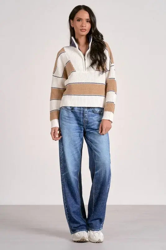 HALF ZIP CABLE STRIPE DETAIL SWEATER