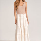 WHITE TIERED MIDI WITH TAUPE KNIT TOP