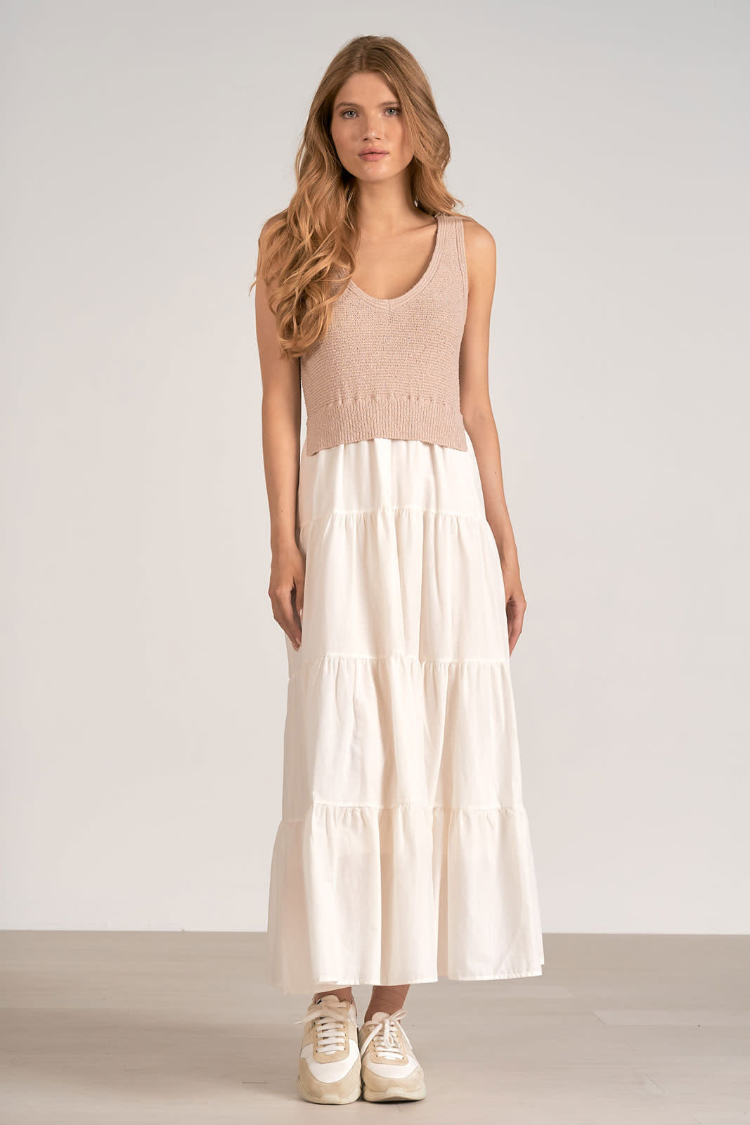 WHITE TIERED MIDI WITH TAUPE KNIT TOP