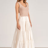 WHITE TIERED MIDI WITH TAUPE KNIT TOP