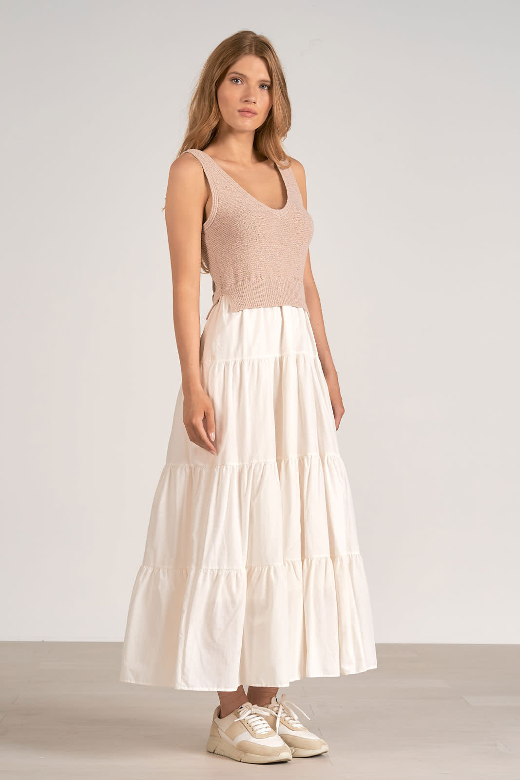 WHITE TIERED MIDI WITH TAUPE KNIT TOP