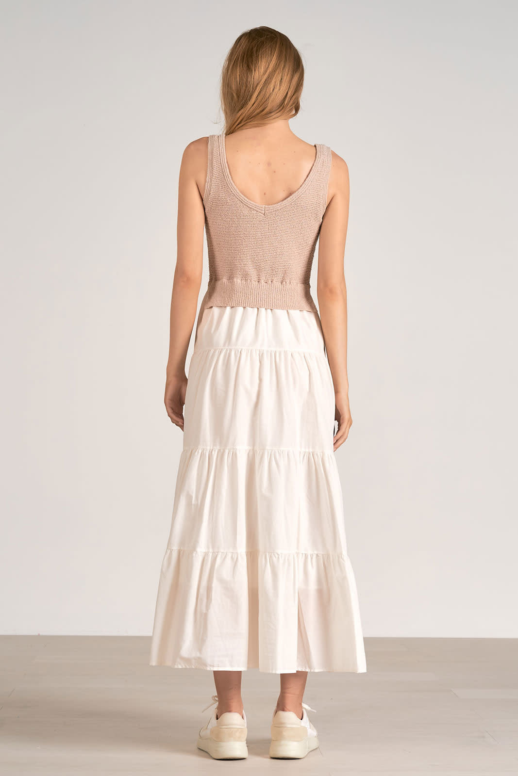 WHITE TIERED MIDI WITH TAUPE KNIT TOP