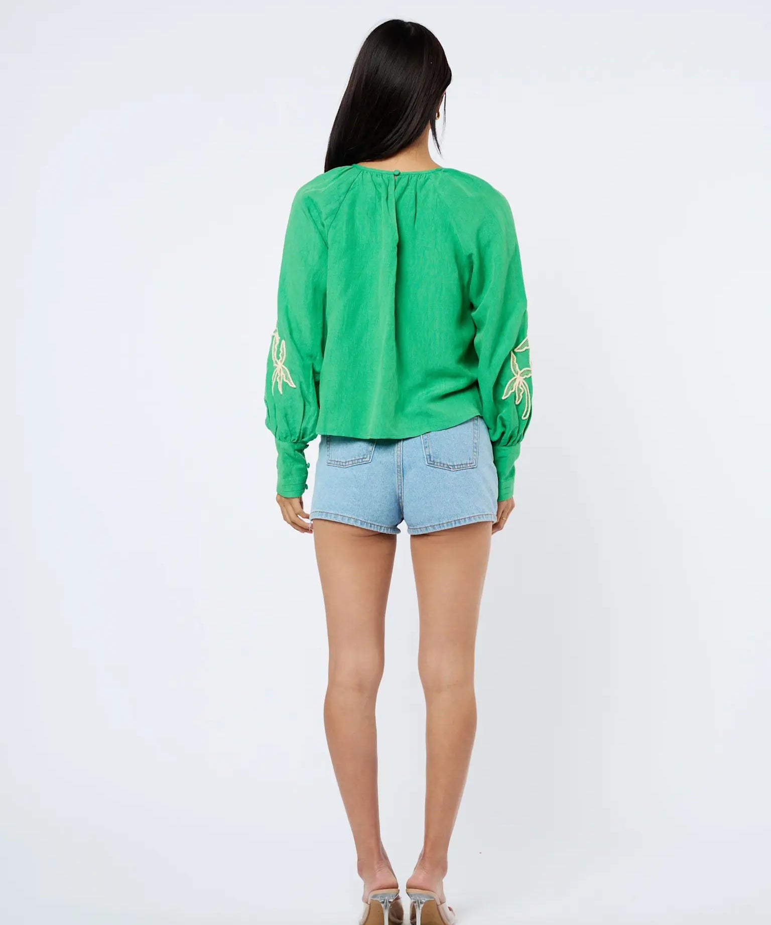 EMBROIDERED LSLV PALM BLOUSE
