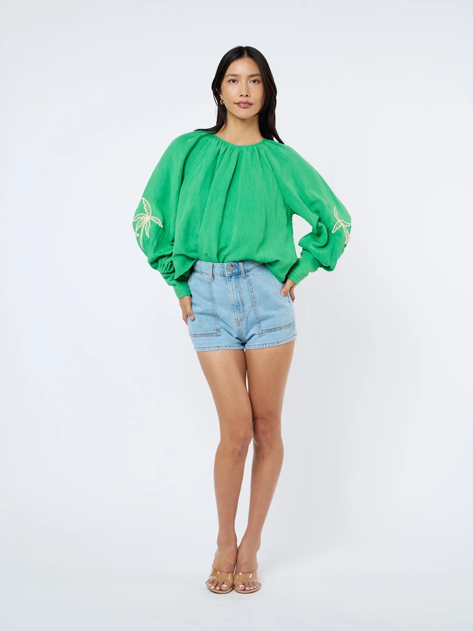 EMBROIDERED LSLV PALM BLOUSE