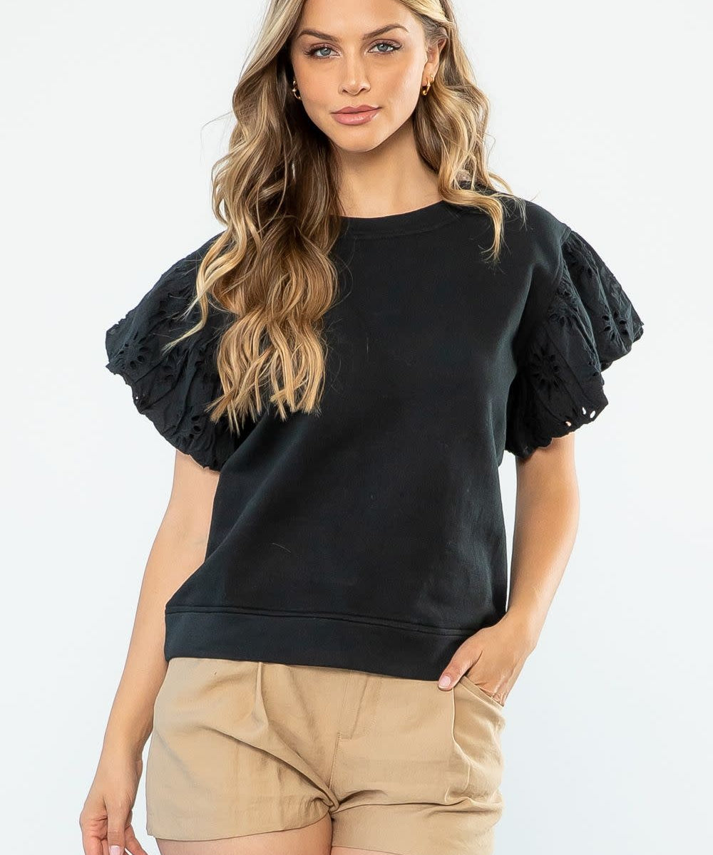 KNIT EYELET SLEEVE TOP