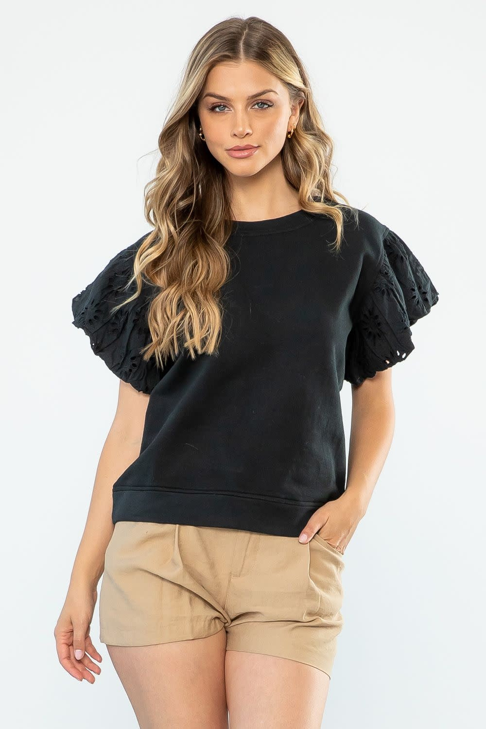 KNIT EYELET SLEEVE TOP