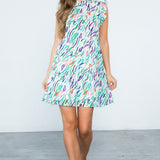 ABSTRACT PRINT RUFFLE SLEEVE DRESS