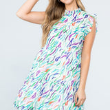 ABSTRACT PRINT RUFFLE SLEEVE DRESS