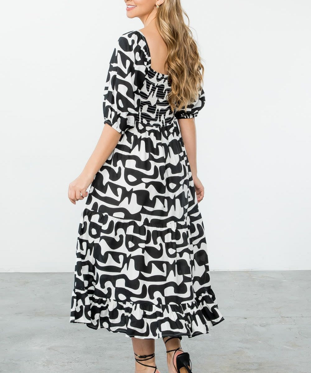 SMOCKED PATTERN MIDI DRESS