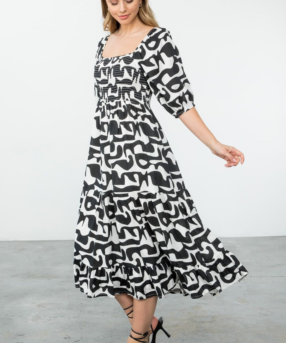 SMOCKED PATTERN MIDI DRESS
