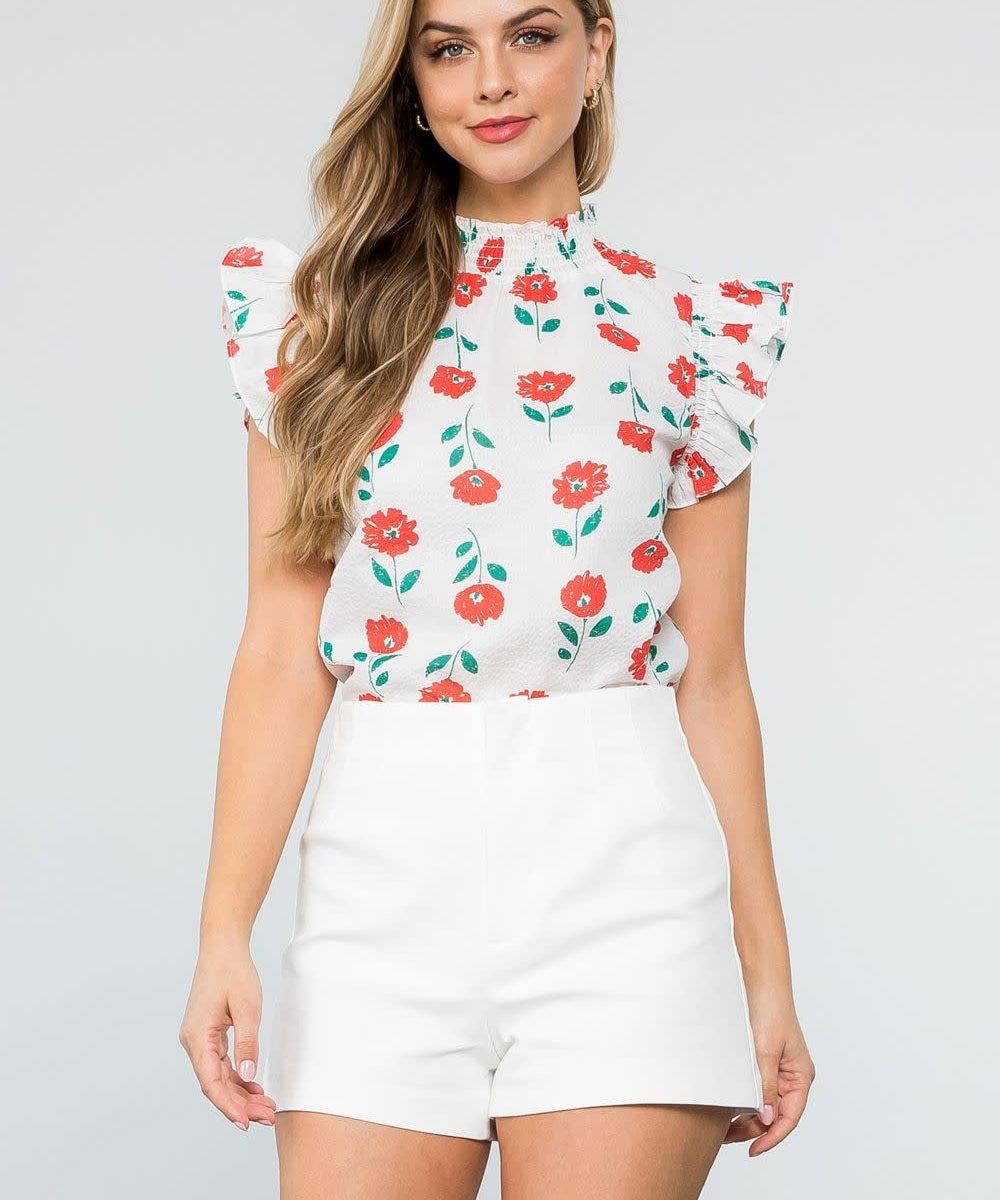 SMOCKED NECK FLOWER TOP