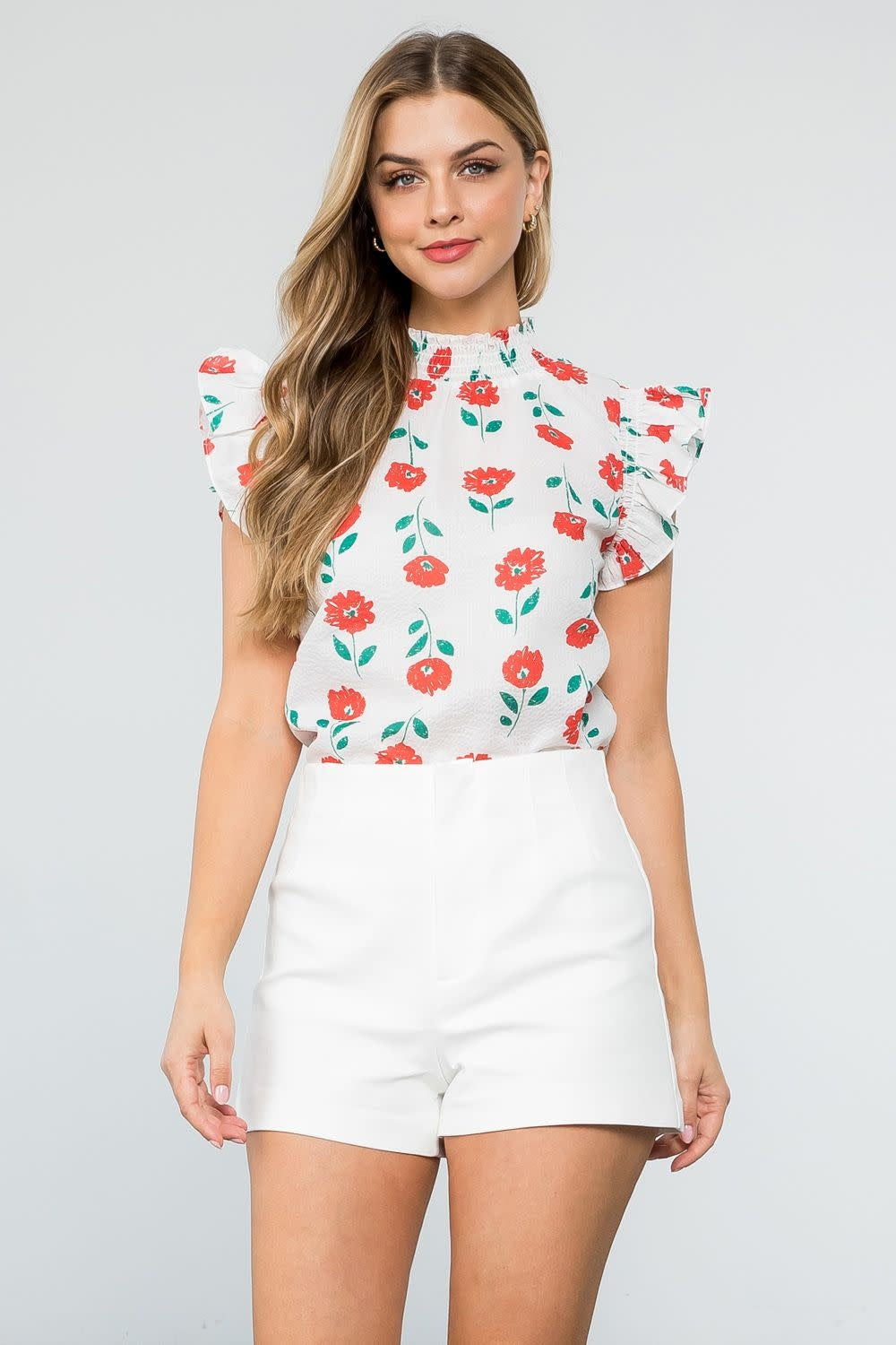 SMOCKED NECK FLOWER TOP