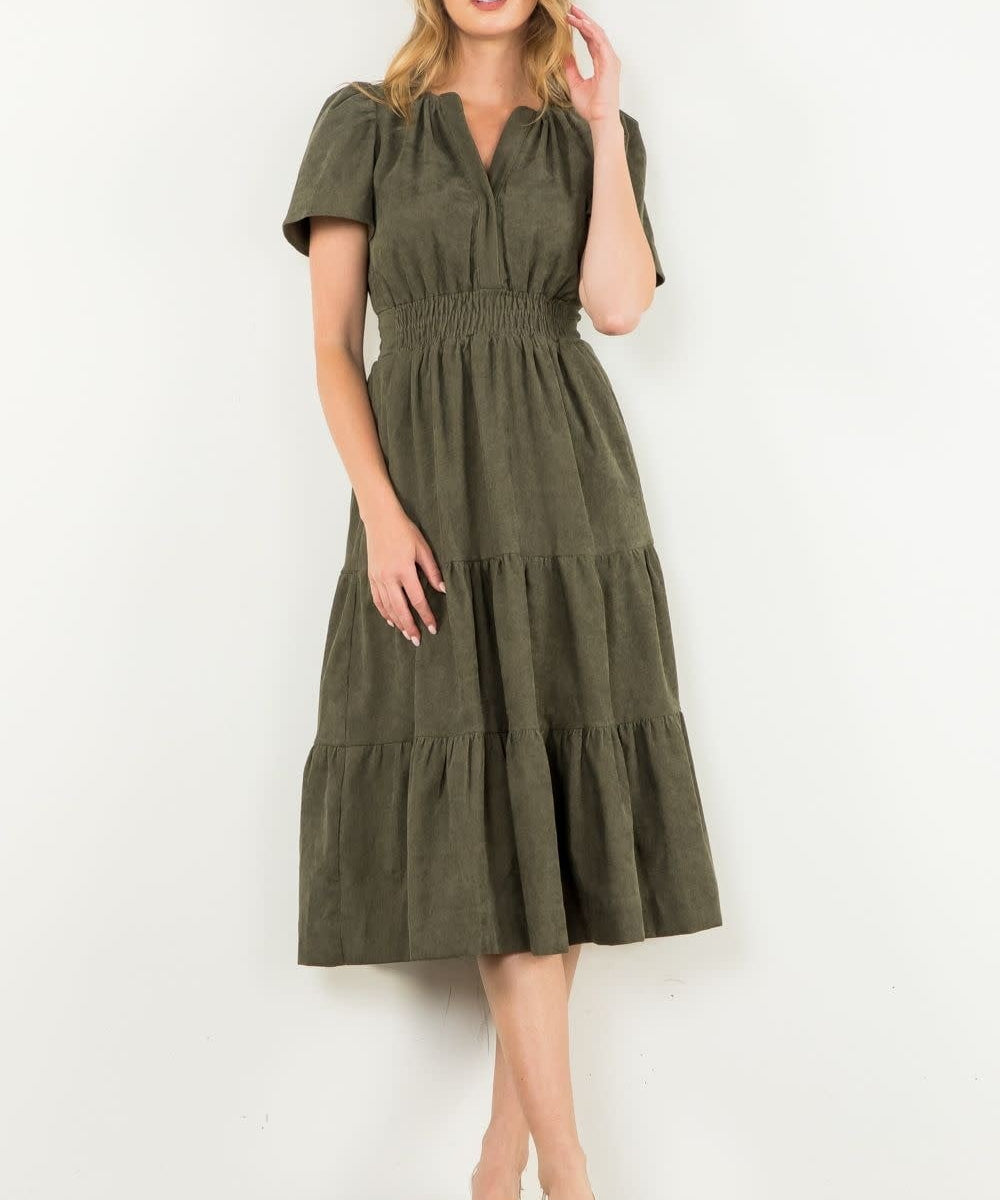 CORDUROY TIERED MIDI DRESS