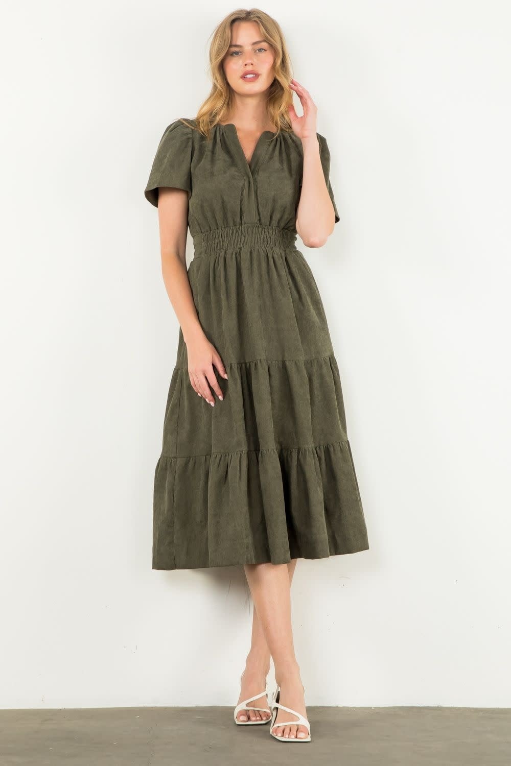 CORDUROY TIERED MIDI DRESS
