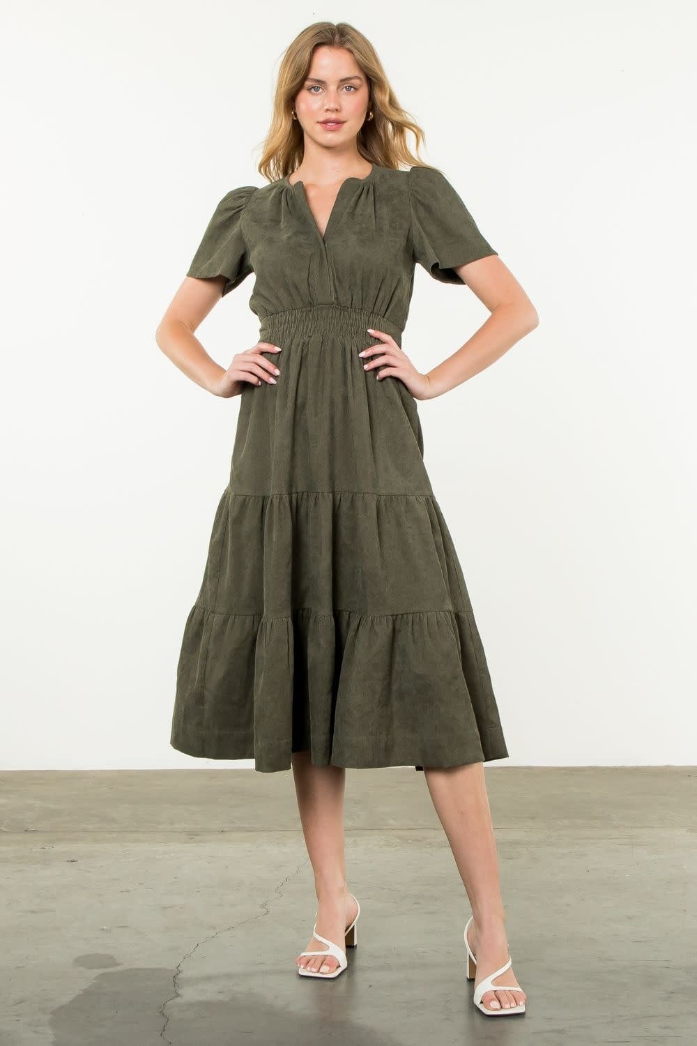 CORDUROY TIERED MIDI DRESS
