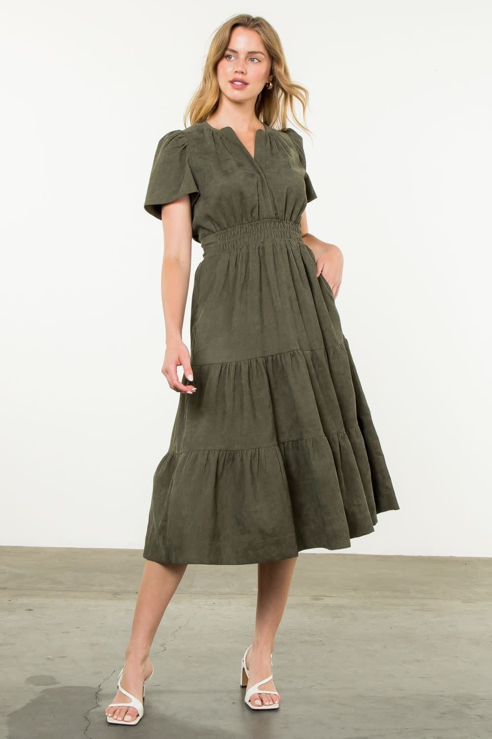CORDUROY TIERED MIDI DRESS