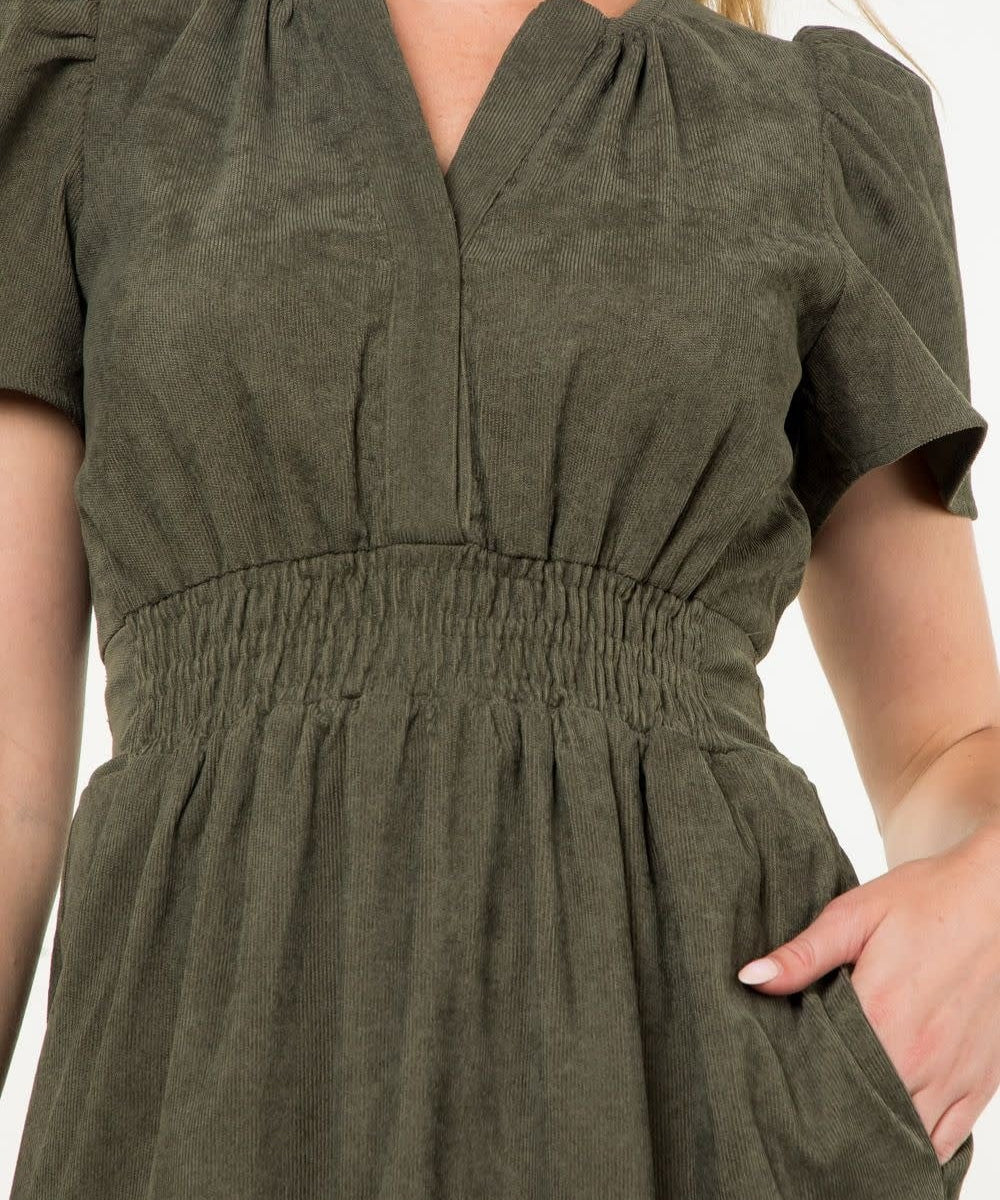CORDUROY TIERED MIDI DRESS