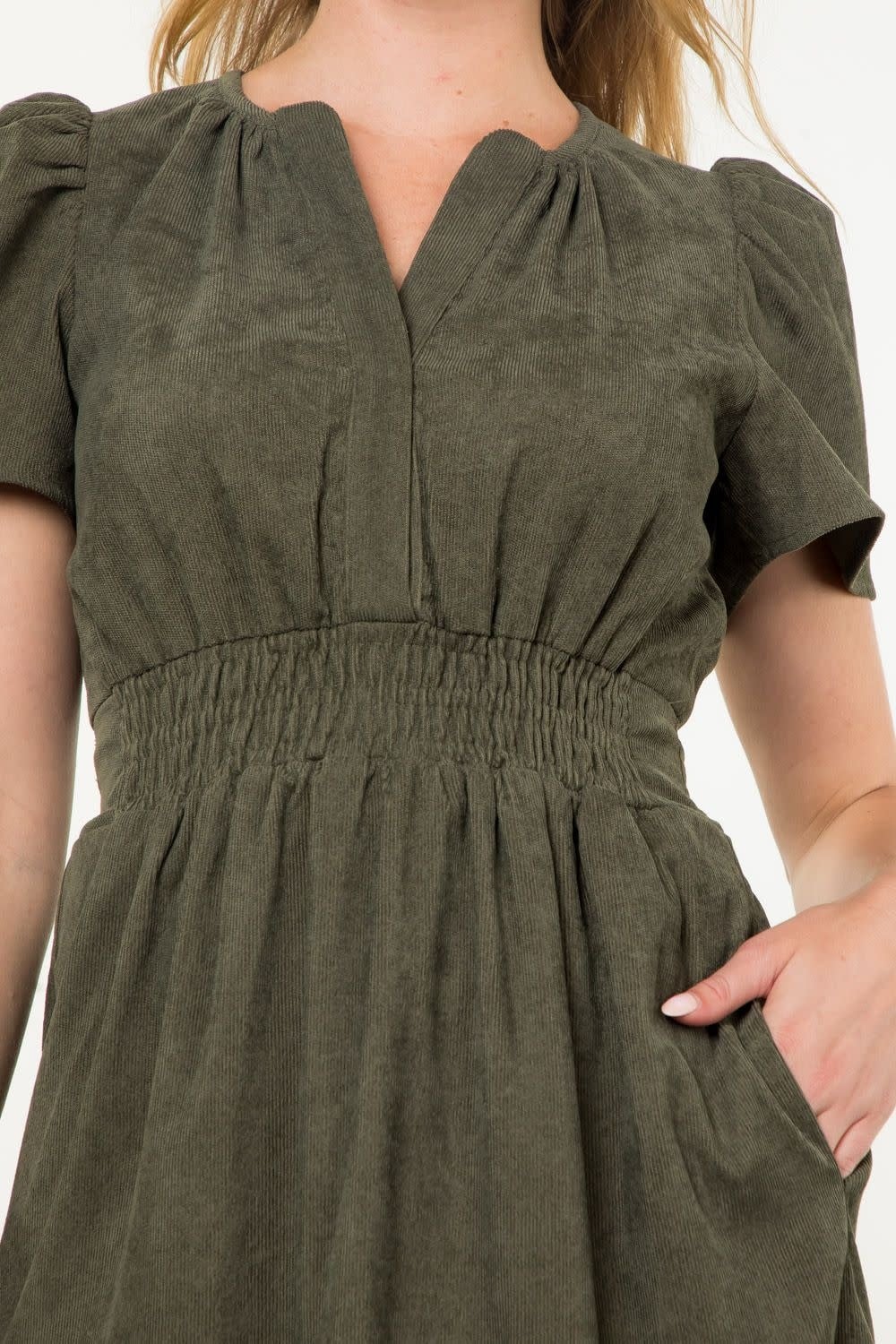 CORDUROY TIERED MIDI DRESS