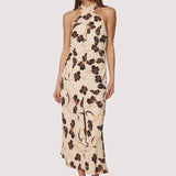 FALL FLORAL HALTER NECK SLIT MIDI