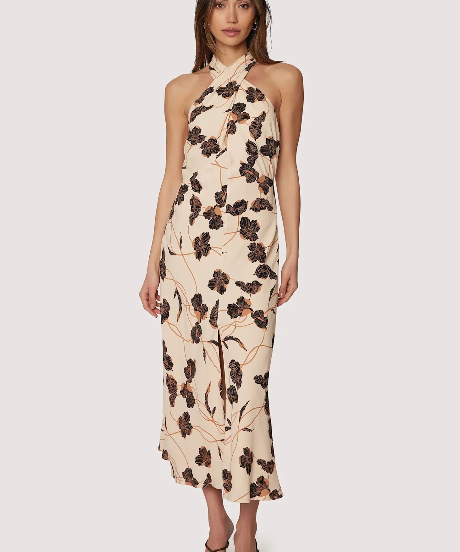 FALL FLORAL HALTER NECK SLIT MIDI