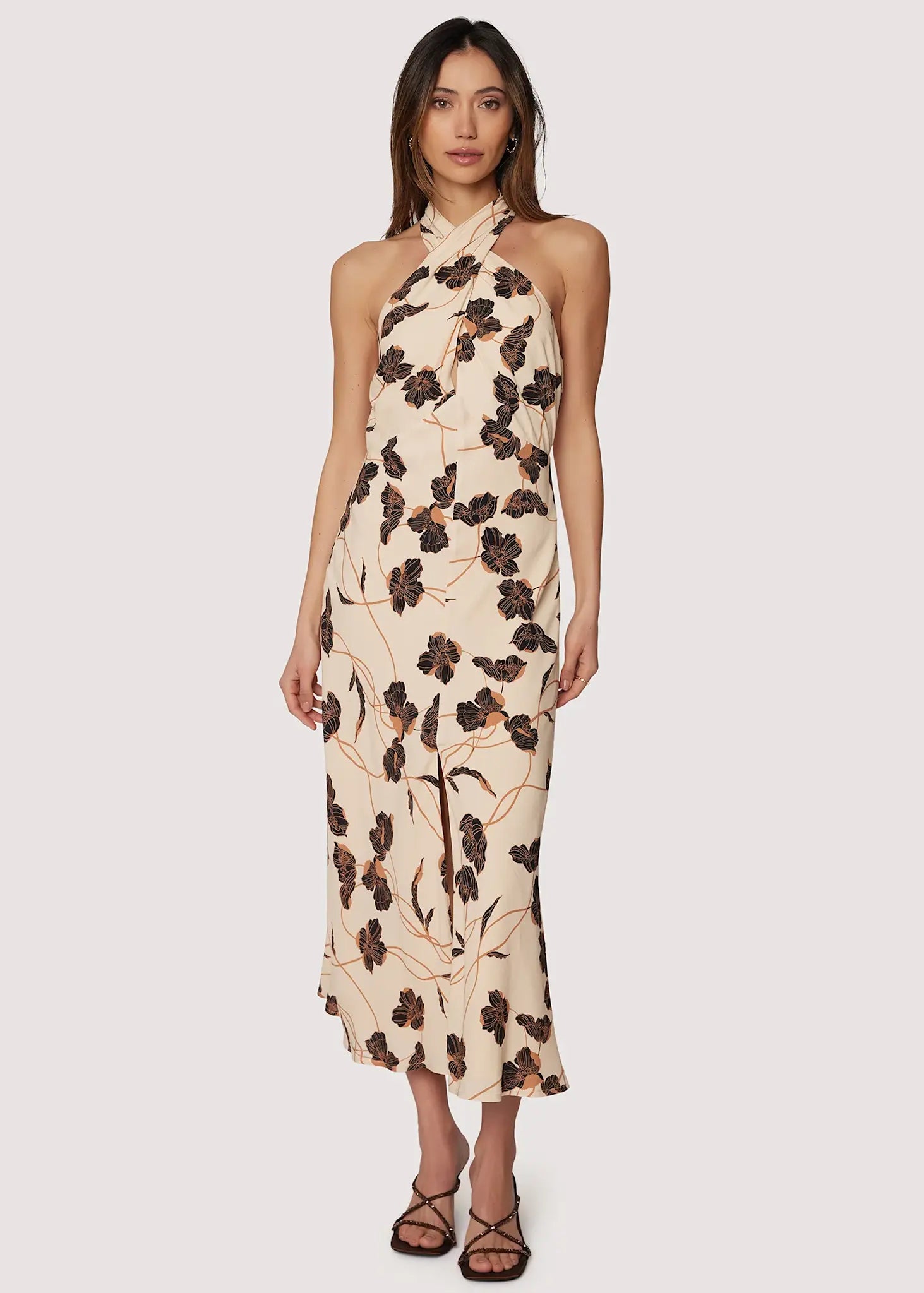 FALL FLORAL HALTER NECK SLIT MIDI