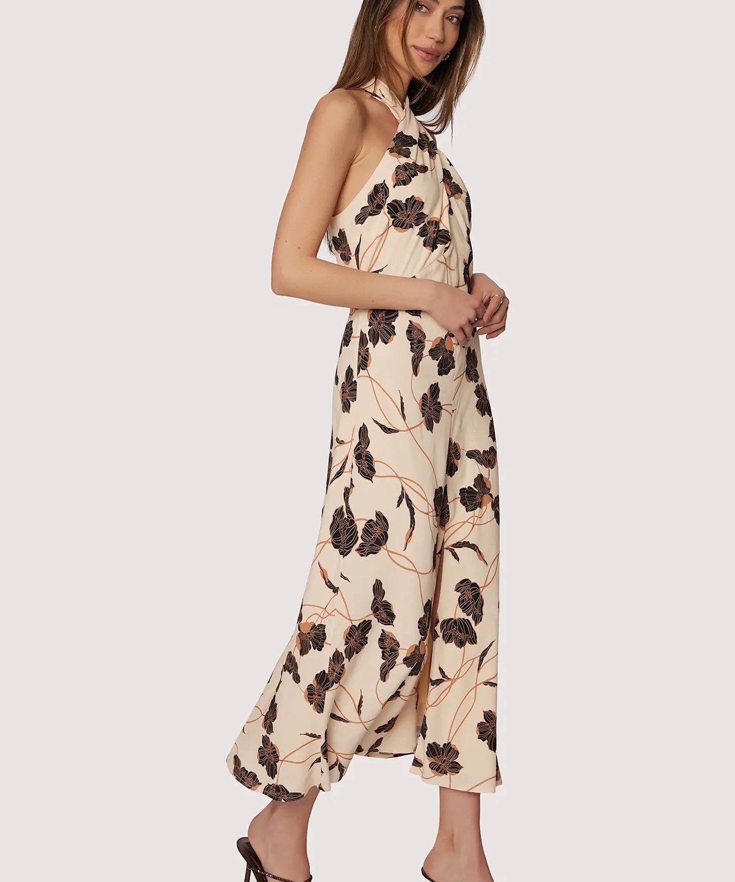 FALL FLORAL HALTER NECK SLIT MIDI