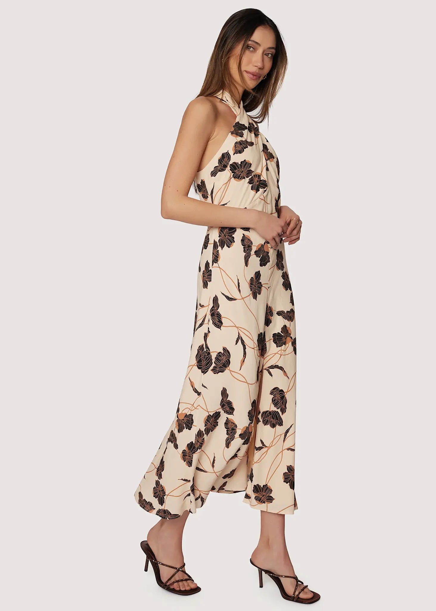 FALL FLORAL HALTER NECK SLIT MIDI